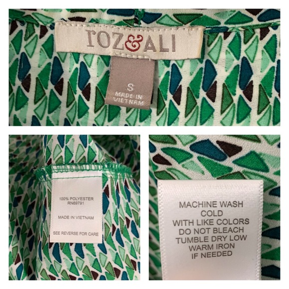 Roz & Ali vibrant green geometric pattern sleeveless blouse with neck bow tie - Picture 10 of 12